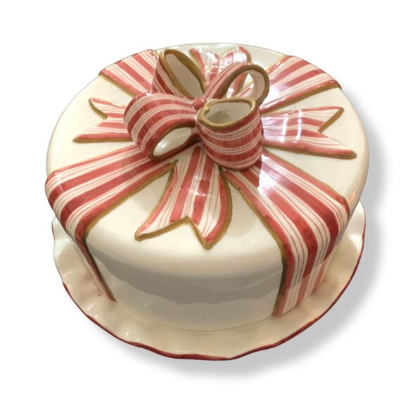 Vintage World Bazaar Large Ceramic Peppermint Swirl Bow Tie Cake Holder Holidays - Picture 3 of 8